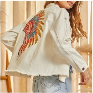 Super cute white distressed denim jacket